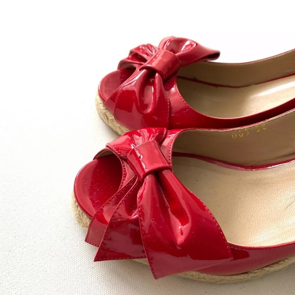 Valentino Red Patent Bow Open Toe Wedge Espadrille - Picture 5 of 9